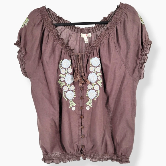 Vintage Tops - Y2K VINTAGE JOIE CALIFORNIA Embroidered Scrunch Peasant Blouse Brown
